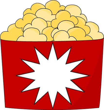 Red popcorn bucket with white starburst logo, filled with yellow popcorn.