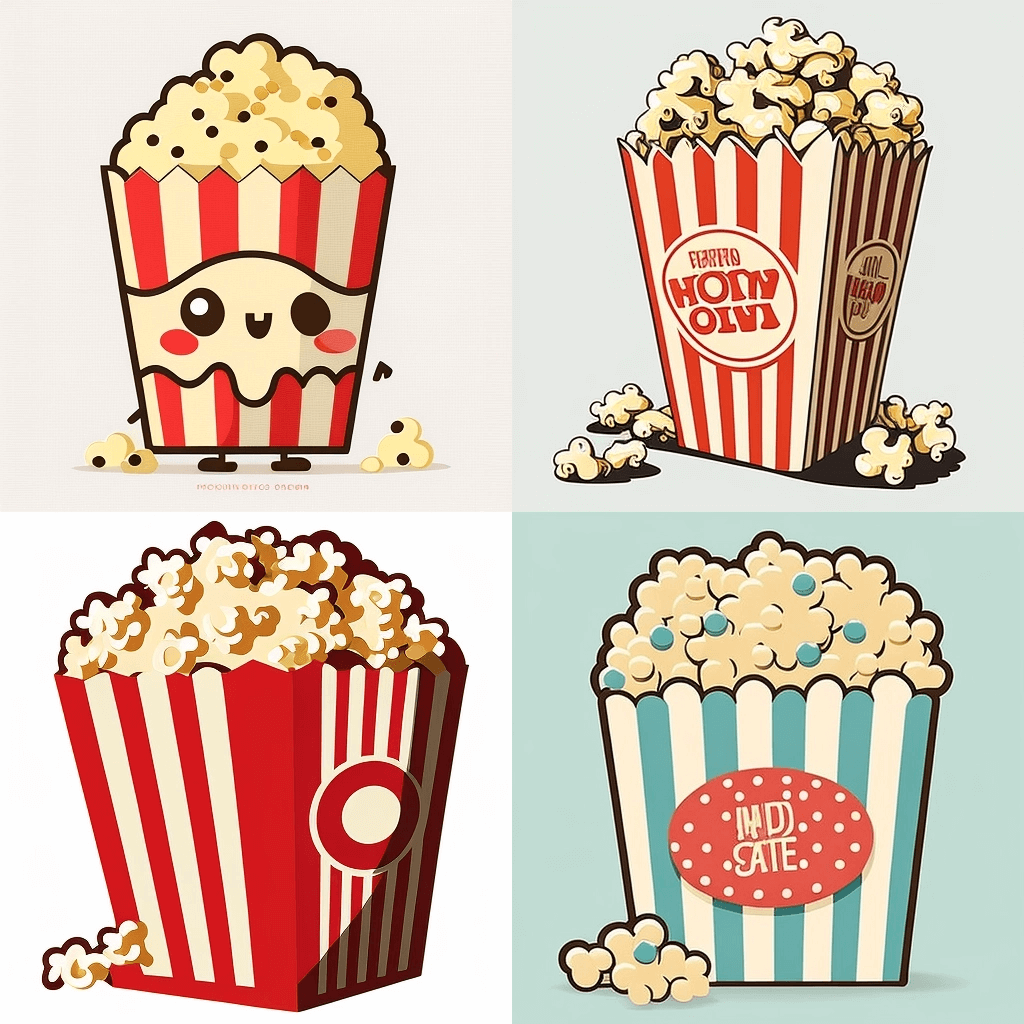 Four illustrated popcorn buckets in retro and kawaii styles, each with unique designs and branding.
