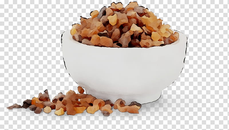 A white ceramic bowl overflowing with chopped walnuts, with scattered pieces on a transparent background.