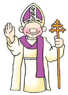 Cartoon bishop in white robes and purple stole, waving and holding a golden cross staff.