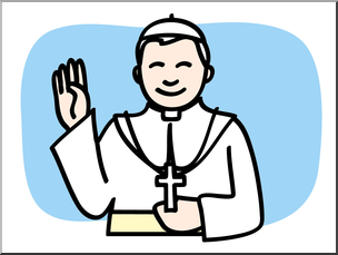 Smiling priest in white vestments waving and holding a cross, cartoon illustration.