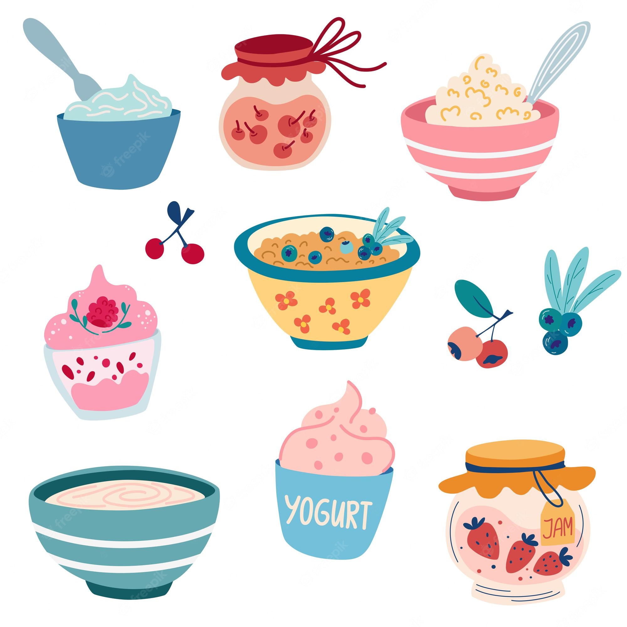 Colorful illustrated breakfast items including yogurt, jam, cereal, and fruit toppings in bowls and jars.