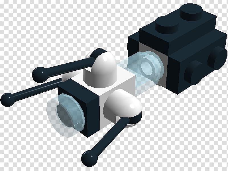 LEGO-style modular mechanical assembly with black, white, and translucent parts on transparent background.