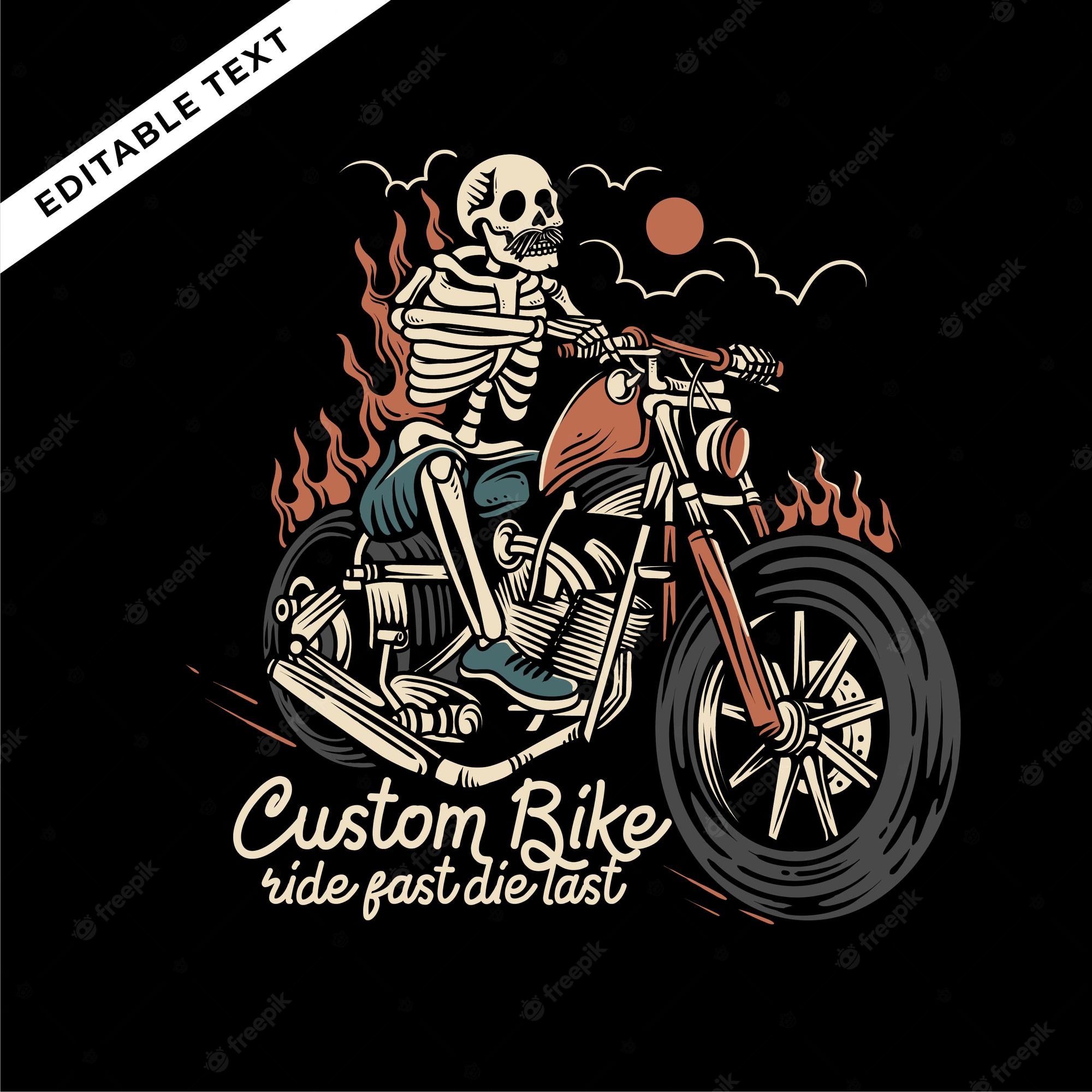 Skeleton with mustache rides a flaming custom motorcycle at sunset, bold vintage tattoo-style illustration.