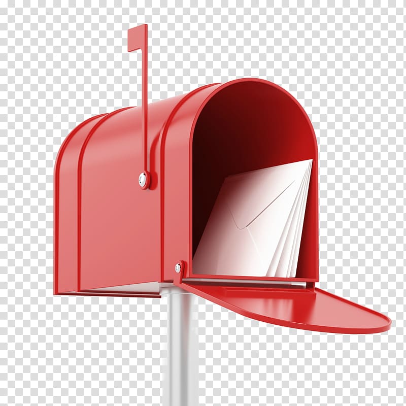 Red open mailbox with white envelopes inside, flag raised, on transparent background.