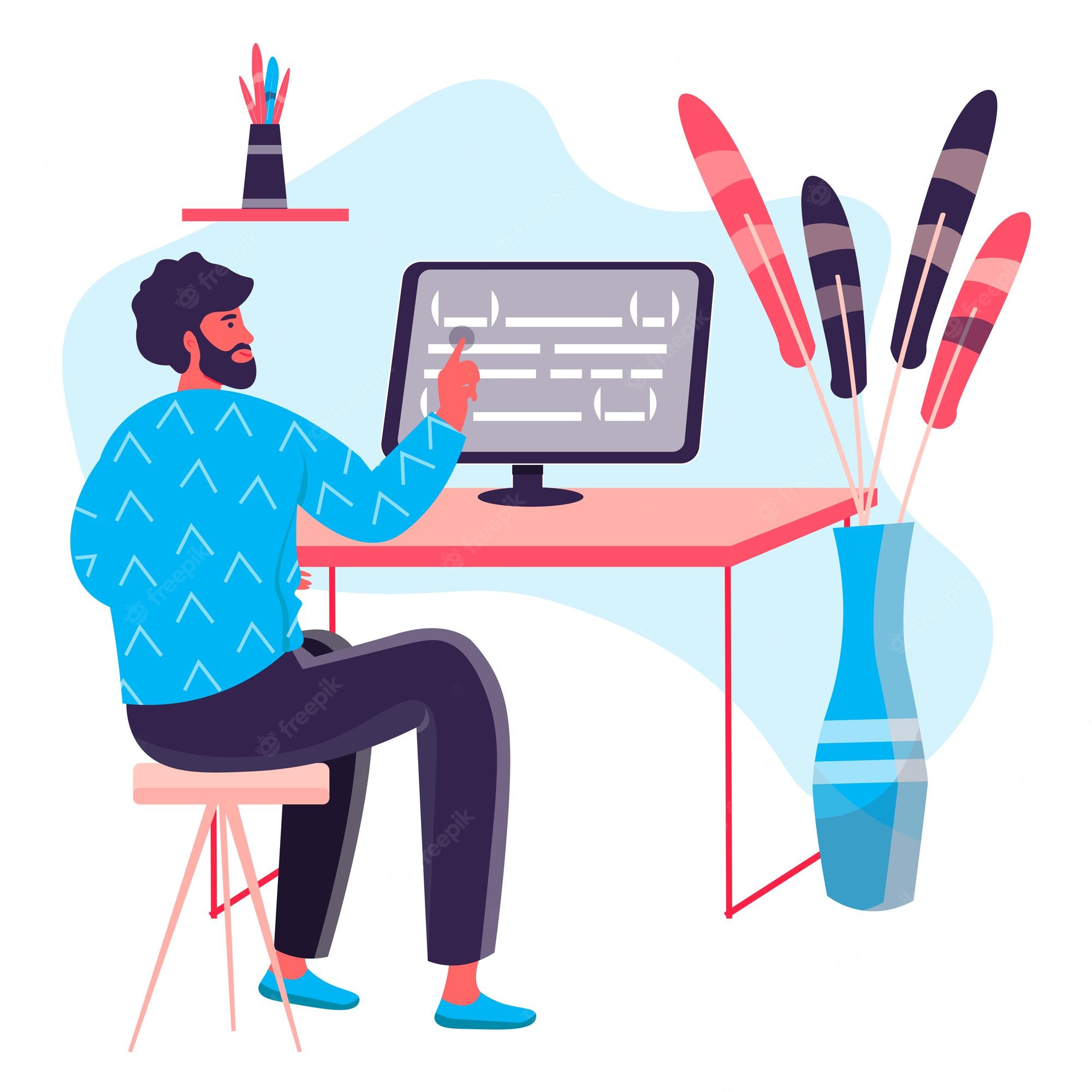 Young Man Programmer Working On Computer With Code On Screen - Clip Art ...