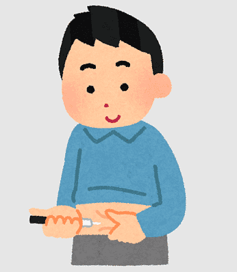 A cartoon boy in a blue sweater injecting insulin into his arm with a syringe.