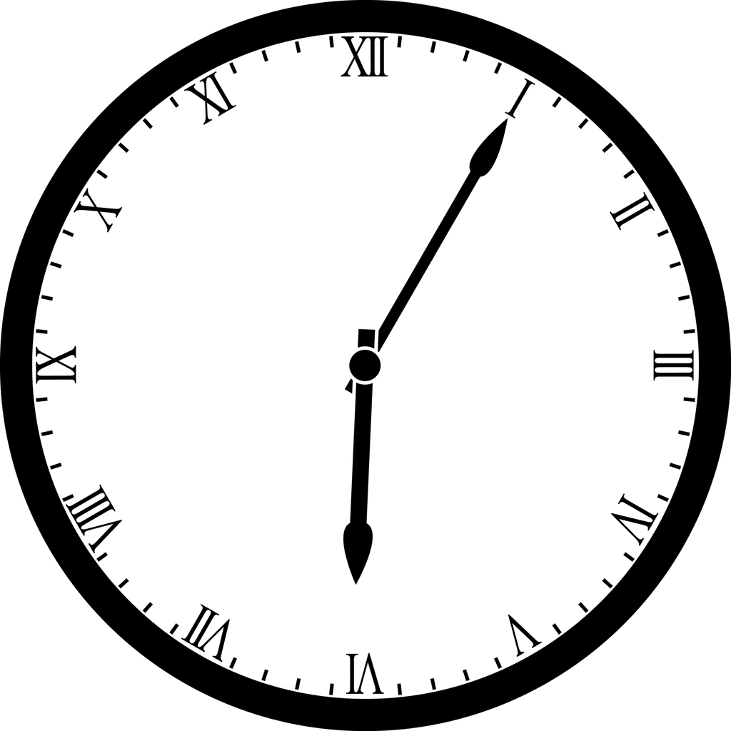 Classic analog clock face with Roman numerals, showing 6:05.