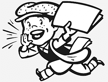 Black-and-white cartoon of a smiling newsboy in cap shouting while running with newspapers.