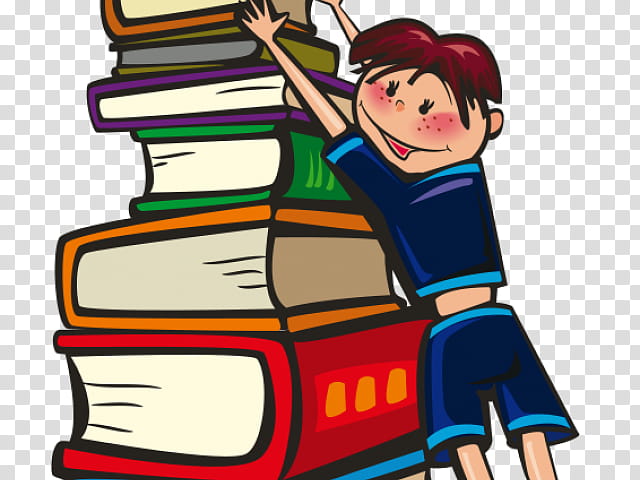 A cheerful cartoon child with red hair climbs a tall stack of colorful books, reaching joyfully for the top.