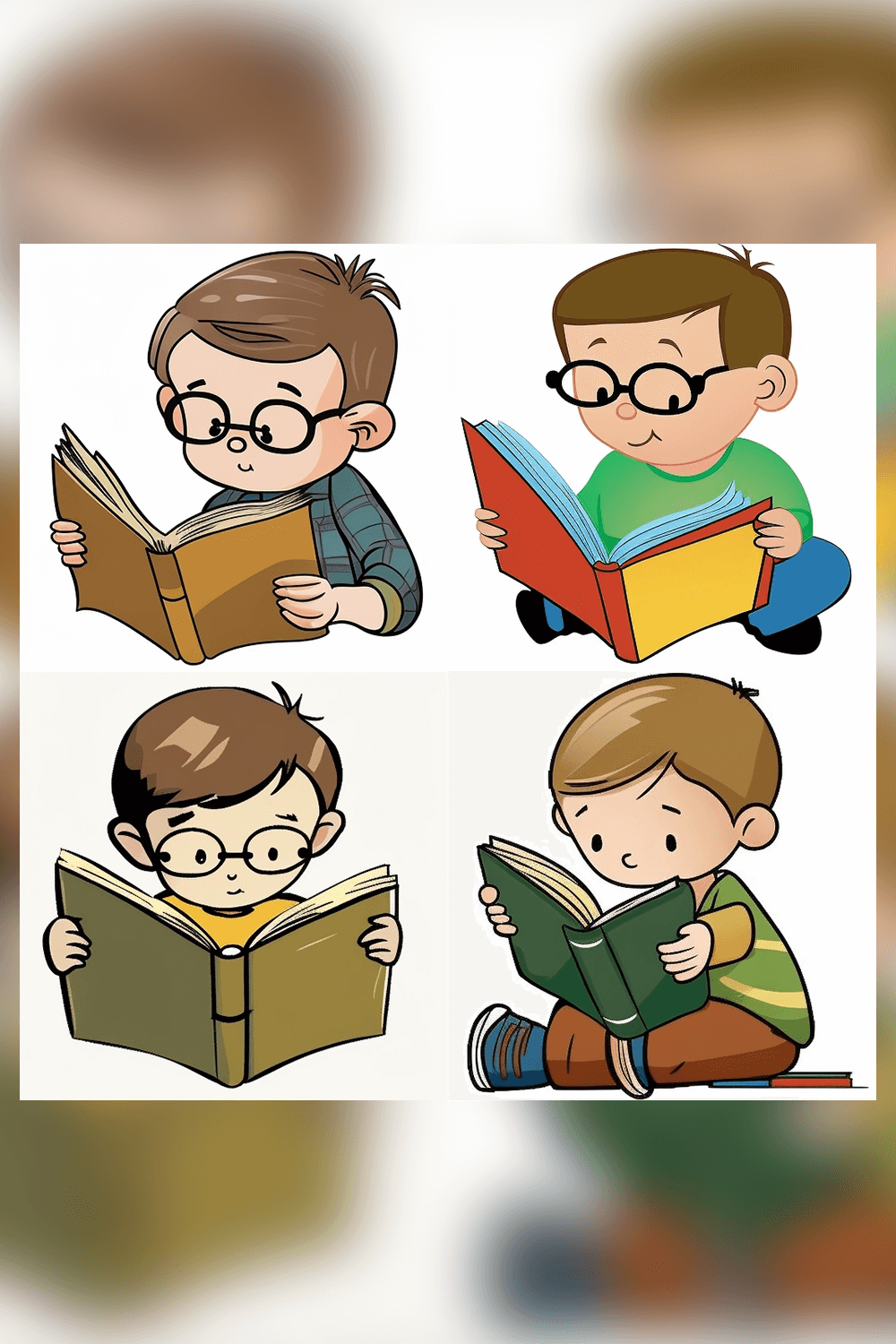 Four cartoon boys with glasses reading books in various poses and outfits.