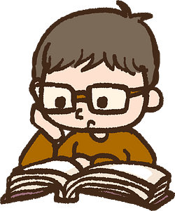A cartoon boy with glasses reading a book, resting his chin on his hand in deep concentration.