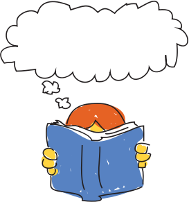 A cartoon orange bird reading a blue book with a blank thought bubble above its head.
