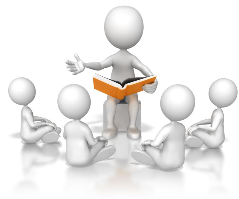 A 3D white figure reads from an orange book to a circle of five seated learners.