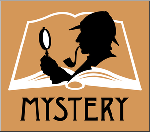 Silhouette of a detective with magnifying glass and pipe over an open book, labeled "MYSTERY".