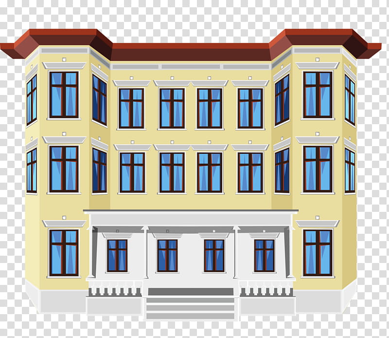 Classic three-story yellow building with red roof, blue windows, and white portico entrance.