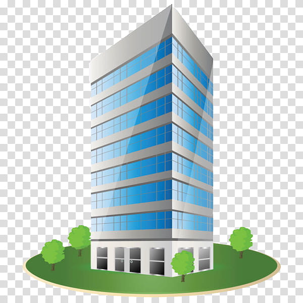 Modern multi-story office building with blue glass windows and green landscaping on a transparent background.