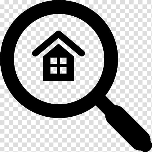 Magnifying glass icon focusing on a house symbol, representing property search or real estate inspection.