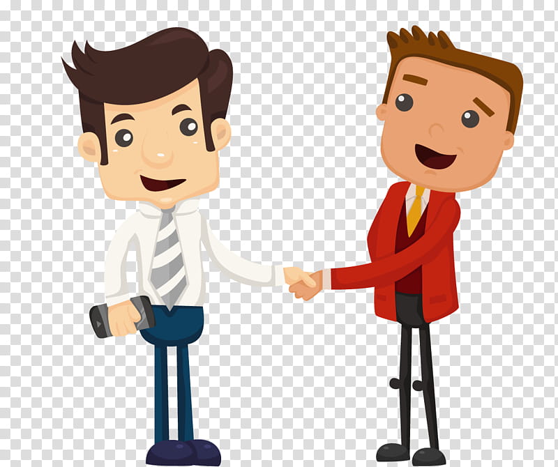 Two cartoon businessmen shaking hands-one in white shirt and tie holding a camera, the other in red blazer smiling warmly.
