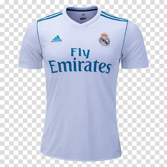 Real Madrid 2016-17 away jersey by Adidas, white with blue trim and Fly Emirates sponsorship.