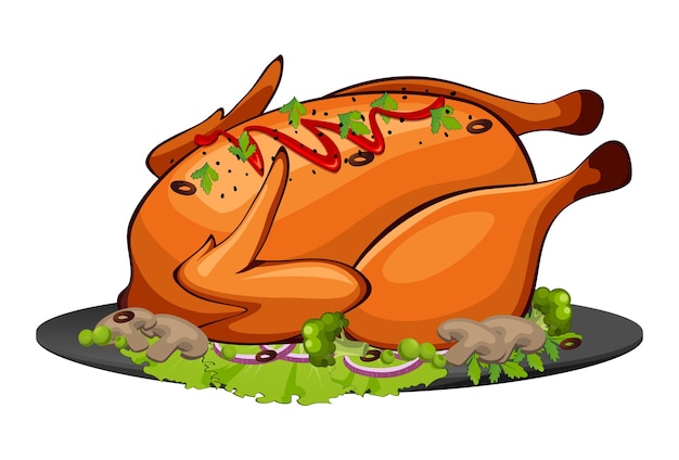 Golden roasted whole chicken garnished with parsley, red sauce, mushrooms, and onions on a black platter.