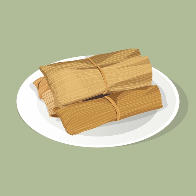 Three tamales wrapped in corn husks, tied with string, served on a white plate against a soft green background.