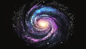A vibrant spiral galaxy with purple, blue, and gold arms swirling around a bright core, set against a star-dusted black void.