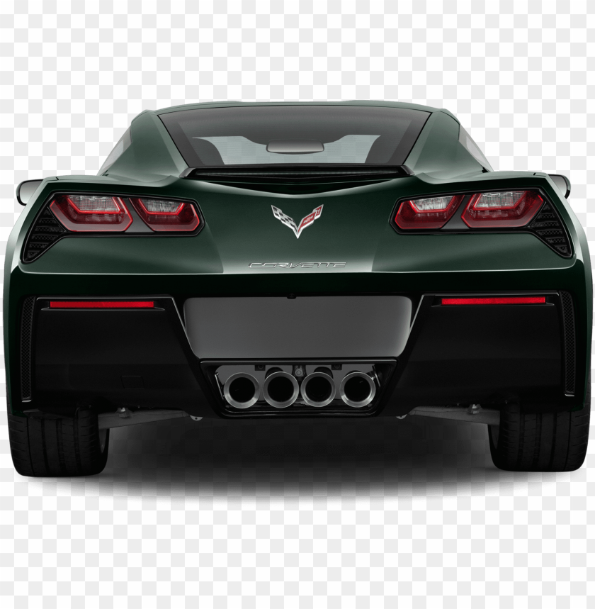 Rear view of a dark green Chevrolet Corvette C7 with quad exhaust and LED taillights on transparent background.