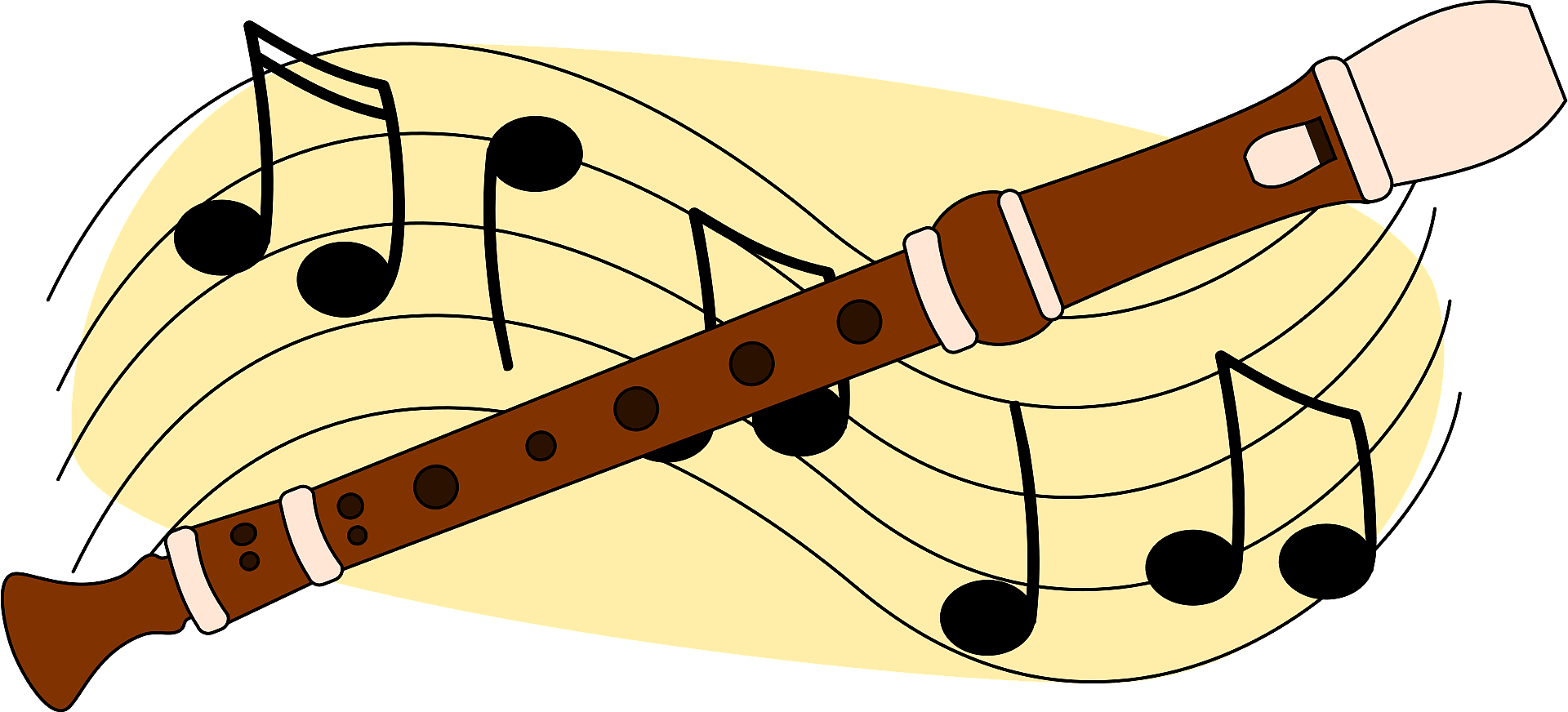 A brown wooden recorder overlaid on flowing musical staff lines with black notes, evoking classical music education and melody.