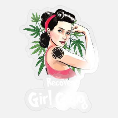 A stylized illustration of a woman with retro hair, flexing her bicep with cannabis leaves behind her and "Recovery Girl Gang" text below.