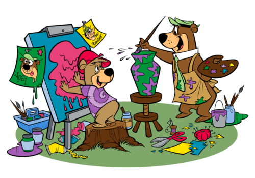 Two cartoon bears painting together-one on canvas, one on a vase-surrounded by art supplies and colorful splashes.