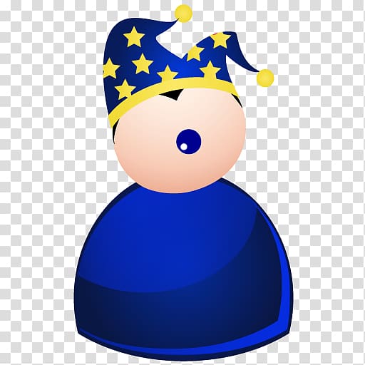Blue wizard avatar with starry jester hat and single blue eye, cartoon-style icon on transparent background.