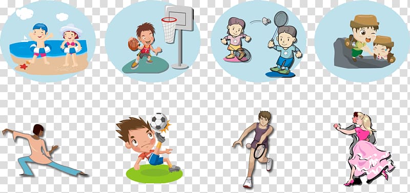 Children and adults engaging in diverse physical activities including swimming, basketball, badminton, yoga, soccer, tennis, and dancing.