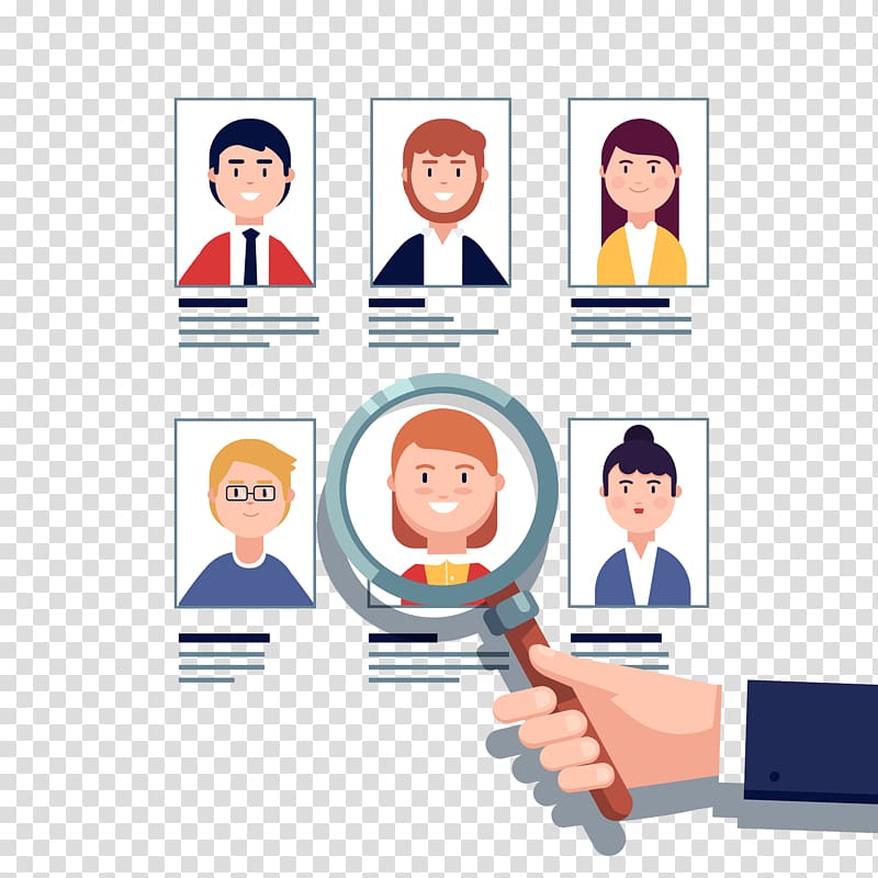 Hand holding magnifying glass over a candidate’s portrait among six job applicant profiles.