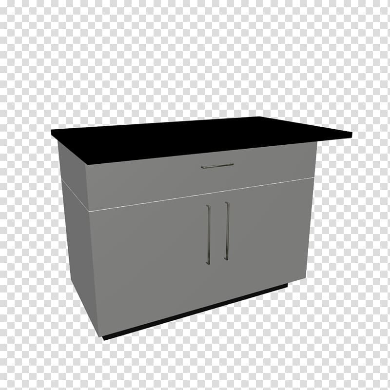 Modern gray kitchen base cabinet with black countertop, single drawer, and double doors with sleek metal handles.