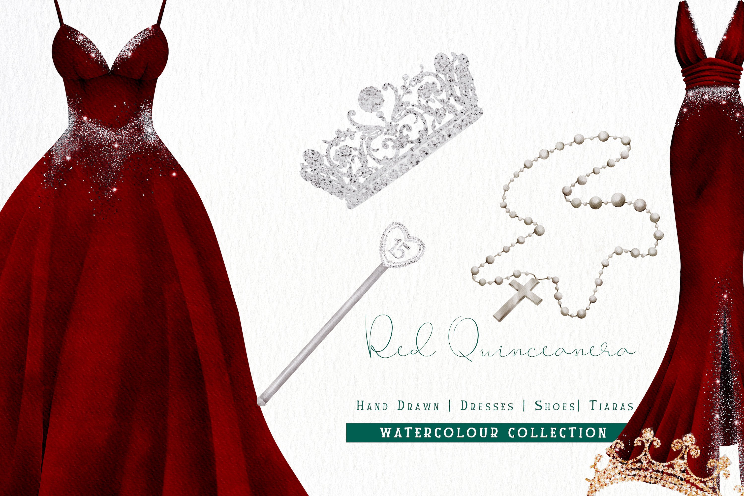 Red Quinceañera Watercolour Collection - Hand-Drawn Dresses, Tiaras & Accessories