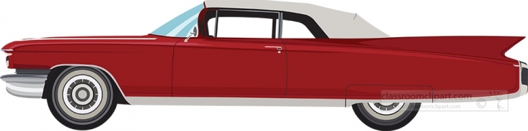 Red 1959 Cadillac convertible with white roof, chrome details, and iconic tailfins.