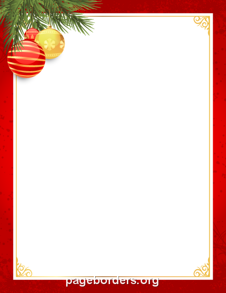 Festive red and gold Christmas border with pine branch and ornaments in top-left corner, white center for text or content.