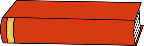 A red hardcover book with a yellow spine label and visible white pages, illustrated in a simple cartoon style.