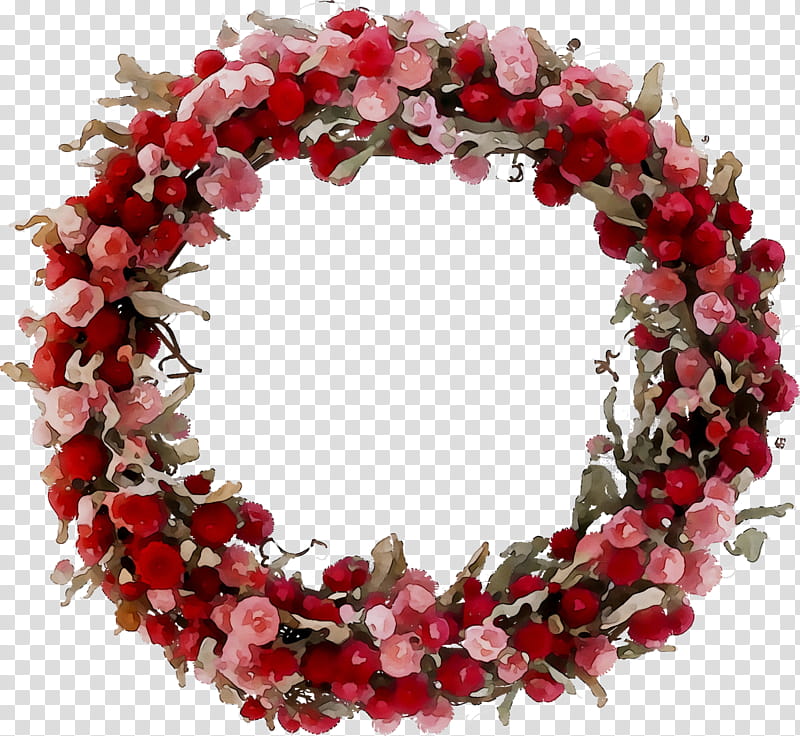 Watercolor floral wreath in reds, pinks, and greens on transparent background