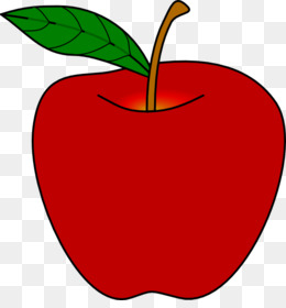 Red apple with green leaf and brown stem on transparent background