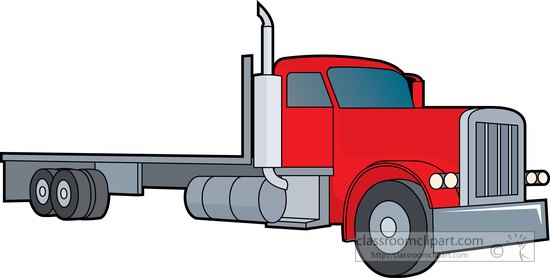 Red semi-truck with flatbed trailer and chrome details, cartoon-style illustration.