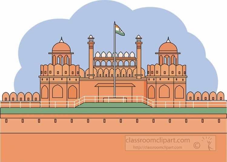 Illustration of the Red Fort in Delhi, India, with Indian flag flying atop, under a blue cloud backdrop.