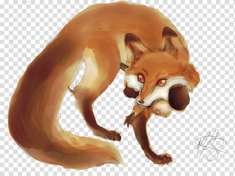 A stylized digital painting of a red fox crouching playfully, with expressive amber eyes and a bushy tail curled around its body.