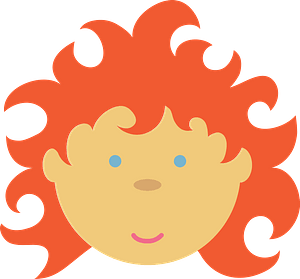 Cheerful cartoon child with bright orange curly hair and a smiling face.