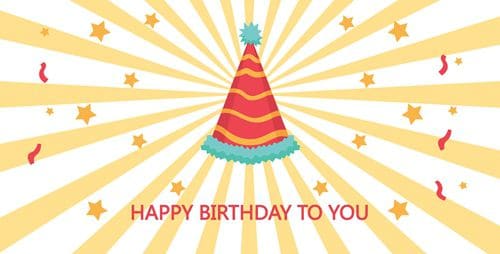 Festive red and yellow striped party hat with green trim, stars, and confetti on a sunburst background with "Happy Birthday to You" text.