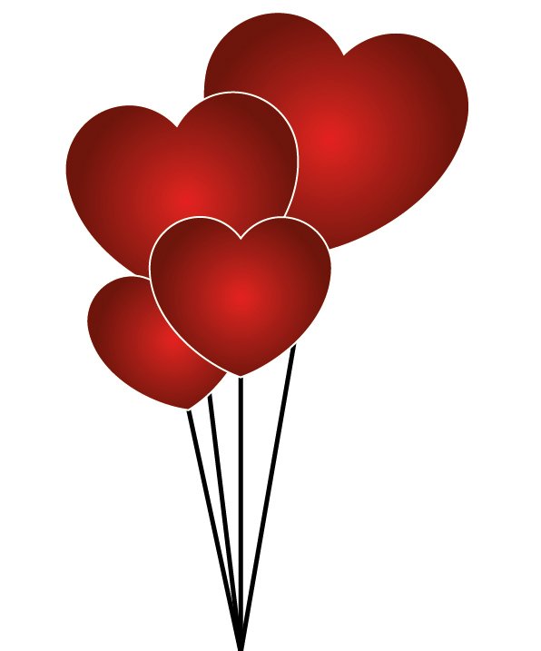 Five red heart-shaped balloons tied together with black strings, symbolizing love and celebration.