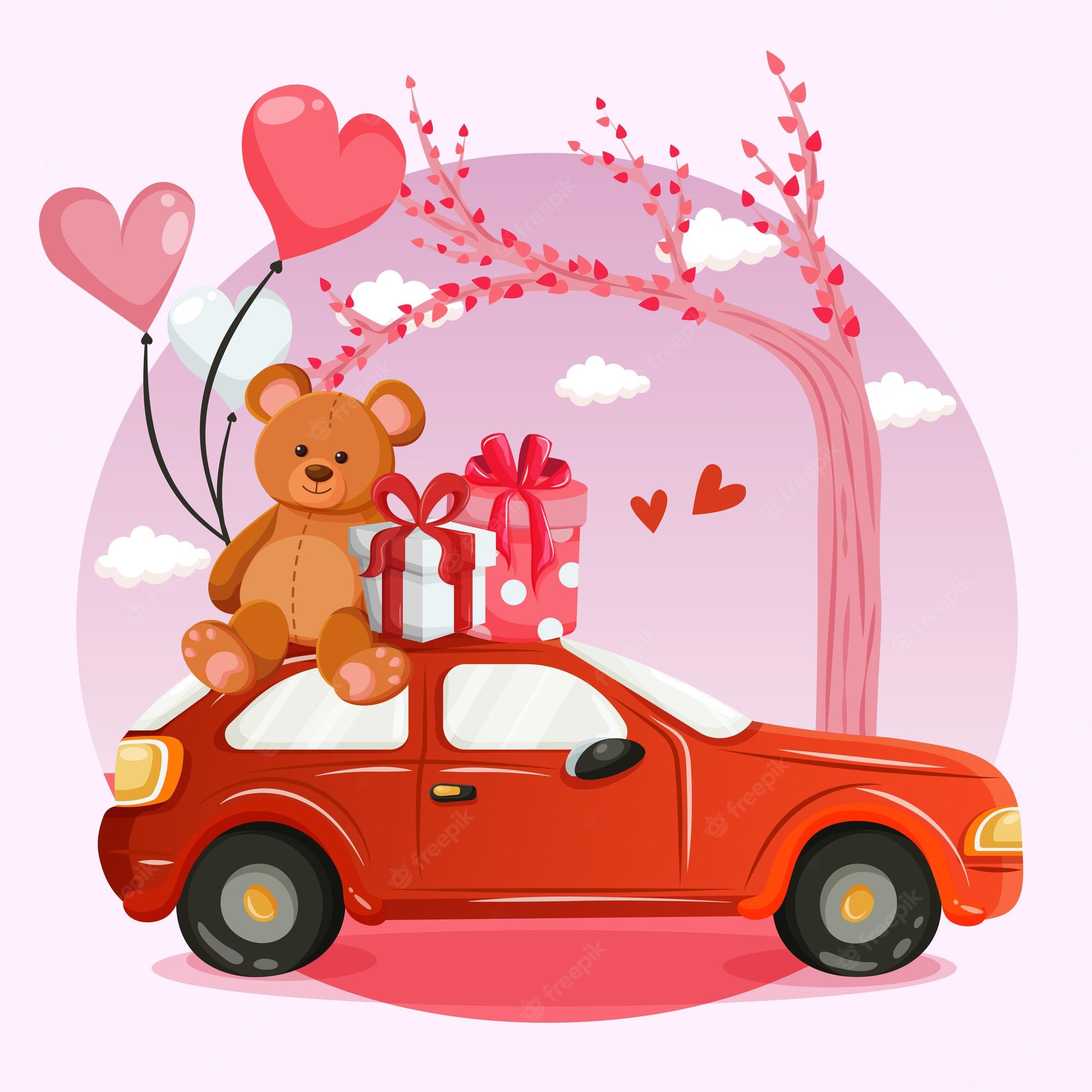 Romantic cartoon car with balloons decorated with hearts isolated