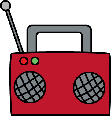 Red cartoon-style portable radio with two speakers, antenna, and red/green indicator lights.