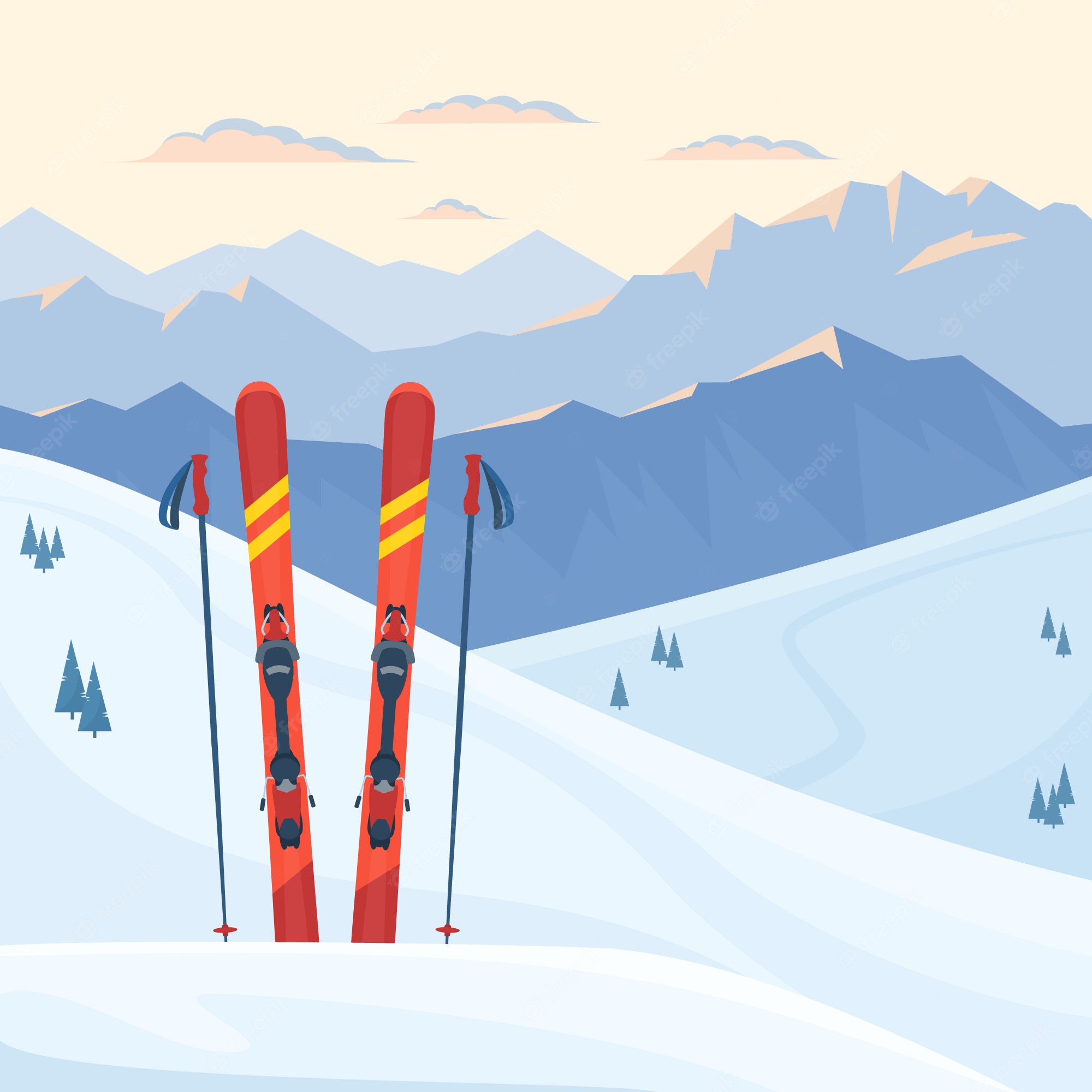 Red skis and poles planted upright in snow with mountain backdrop and pine trees.